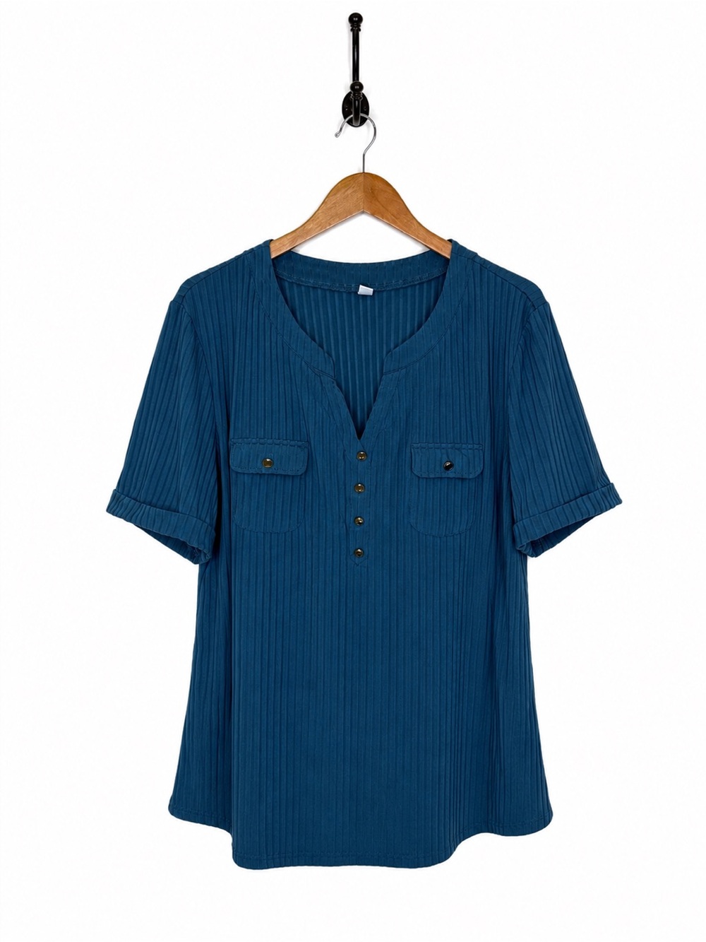Women’s XL Teal Ribbed Henley Top Short Sleeve Pocket Blouse